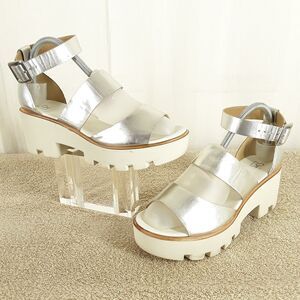 BP. Women's sz 8M Silver Sandals, Chunky Platform Block Heel Strappy Party Shoes